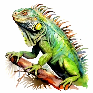 Green iguana full body, watercolor, sharp illustration clipart, insane detail, white background
