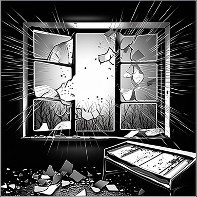 simple black and white clipart picture of a broken bedroom window