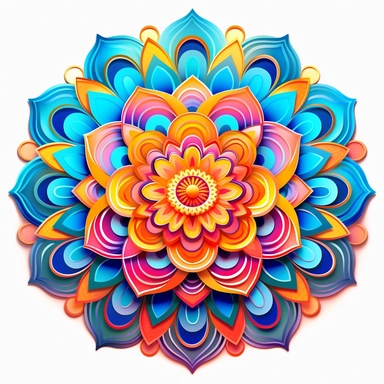 Clipart. White background. Vibrant neon mandalas illuminate the foreground with their intricate and mesmerizing patterns. The bold use of neon colors adds an electrifying energy and modern aesthetic to the traditional art form, symbolizing the dynamic nature of cultural evolution and artistic expression. Delicate lotus flowers, sacred geometric shapes, or subtle references to spiritual concepts enhance the depth and meaning of the artwork, inviting viewers into a meditative and transformative ex