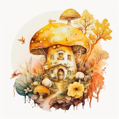 Watercolour yellow, orange Magic Mystical Mushroom clipart with white background cottage surrounded by fruits and front garden, with yellow buttlerflys