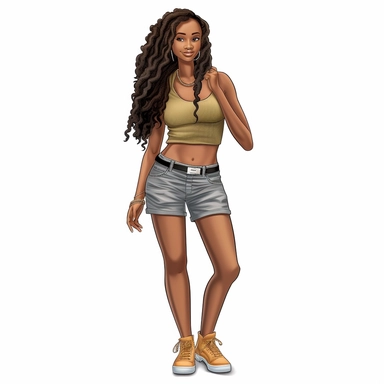 beautiful black teenage girl with beautiful long hair to her waist, dressed casually. Full perspective and, long shot A young black woman with full lips and a big beautiful smile, dressed in khaki shorts and a tank top, has long hair and beautiful shapely legs, wearing heels, clipart in the style of digital airbrushing, feminine sticker art, dollcore, realistic face, realistic body, glamorous,