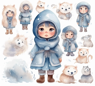 cute adorable little Eskimo princess character watercolor clipart, full body, disney, pixar