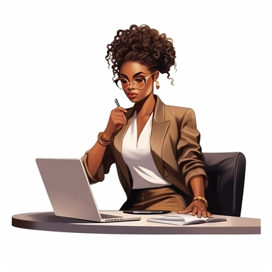 african american lady boss wearing fashionable bold clothes, sitting at the desk and working on the computer, realistic illustration, clipart, isolated on white background, 4K