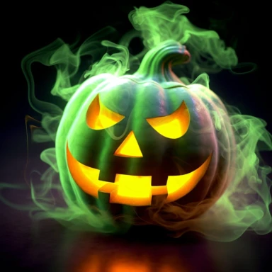 clipart, A grinning neon-colored Jack-o'-lantern with glowing eyes and a mischievous expression. The pumpkin should be surrounded by swirling neon-colored fog or smoke to add an eerie atmosphere. Camera setup: Close-up shot with a shallow depth of field to focus on the details of the Jack-o'-lantern's face. Use colored gels or lighting effects to create the neon glow