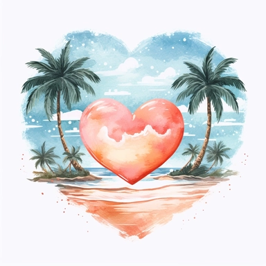 Heart beach, retro beach, beach heart, sunshine, watercolor beach heart clipart, hd, on white background, spaced out ar 3:2-- s1000