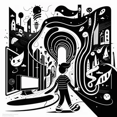 black and white flat abstracted fun modern line-art clipart design illustrations depicting a trail of music, tv, gaming and entertainment following a person through a home