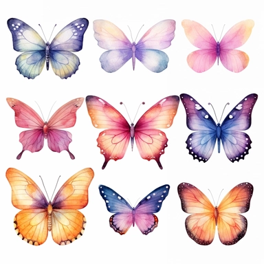 watercolor butterflies clipart, individual design, soft colors, spring theme, 8k, solid black background