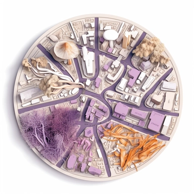top-down view of a round scientific culture dish containing a simple map of a city block made with white fungal mycelium threads for the roads, a few major landmarks are small purple mushrooms, clean white background, iconic, clipart style, simple, cartoon, light colors, no grey
