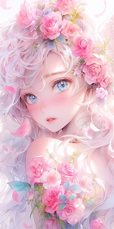 Watercolor beautiful wild roses fantasy, Angel girl with beautiful face and big eyes with flowers, angel wing, chibi kawaii animated style, vivid vibrant colors, intricate detail, hyper detailed, hyper quality, 32K, unreal engine, isolated on white background, kawaii, clipart