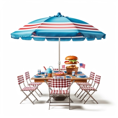 Picture an inviting clipart showcasing a backyard barbecue scene, with a grill, picnic table, and colorful umbrellas, all set against a pristine white background, inviting you to celebrate the 4th of July with good food and company.