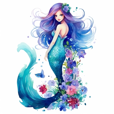 Clipart cute mermaid in full body with fish tail and pretty flowers, fairytale, underwater world, beautiful composition, watercolor paints, isolated objects on white background, imaginative, beautiful colors, turquoise, light blue, royal blue, fairytale, k8