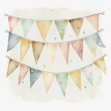Watercolor bunting , white background, clipart illustration, Cartoon, cute, in the style of muted and subtle tones, use of fabric, ivory, high-angle, dark white