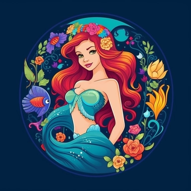 Create a vector clipart that emulates the Disney art style, showcasing a mermaid akin to Ariel from 'The Little Mermaid.' The mermaid should bear a stylish and dynamic design, complete with a vibrant, colorful mermaid tail. An emblem should be woven into the design, retaining harmony with the overall look while maintaining prominence, flowers, fish