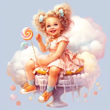 happy adorable little vintage whimsical girl sitting on a cloud made of sugar sweets candy and ribbons, face looking straight, full body, clipart style, pastel pink and orange, accurate details, oil painting technique, super high quality, professional watercolor clipart, high resolution