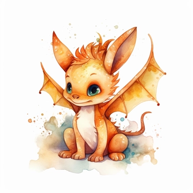 watercolor cute baby dragon clipart full body, flying and sitting, simplistic, charming sketches, warm color palette, hand painted, white background