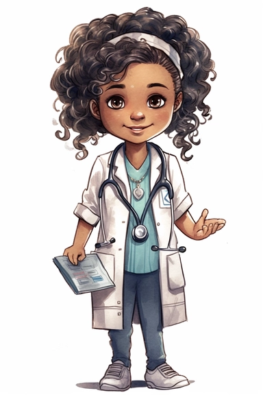 happy cute little girl 5 years old, doctor, folk art, watercolor, clipart elements, smooth gradients, black contour outline, ultra detailed, minimalistic colors, white background, super clear, high quality