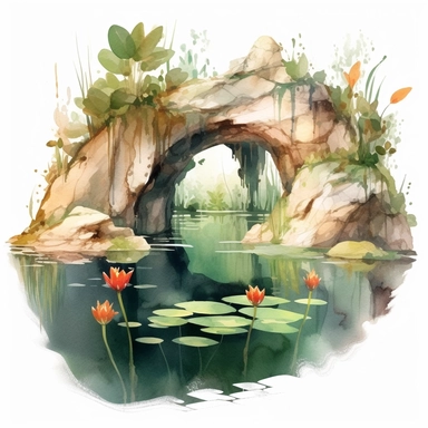 watercolor clipart pond with corner cave and plants