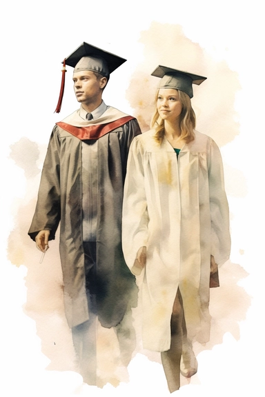 realistic watercolor drawing of gark skinned woman and man wearing cap and gown on graduation day clipart, front view, in style of Michiel van Huysum, subtle faded color variations, hyper-detailed hd clipart, on white background, spaced out