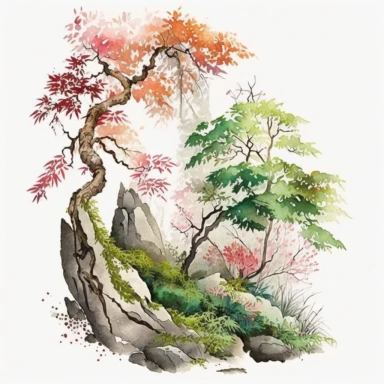 Watercolor, Japanese Maple Trees, old, long branches, Clipart, springtime japanese trees, forest, grass, rocks, white background