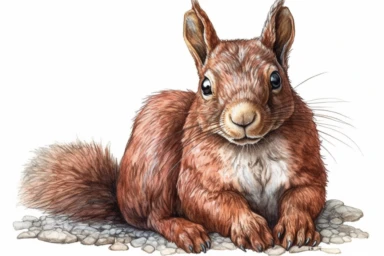 A highly detailed watercolor closeup clipart of an isolated red to brown portrait of a squirrel, by Laura Harris, watercolor specialist, realistic texture, detailed brushwork, high-resolution 300 dpi, nature-inspired art, intricate artwork, fine art quality, animal portrait, botanical art, isolated on white