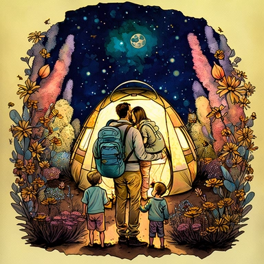 (perfect body figure) of a cute loving American family of 4, camping in a magical BEES GARDEN under starry night (a perfect close-up single-point-perspective view from the back) with its own habitats (flowers and plants) made into a natural-heart-shape, v