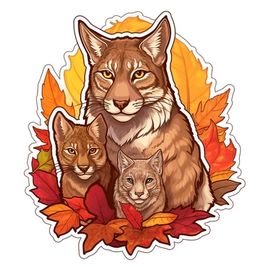 Presenting a Canada lynx family against a backdrop of autumn foliage. The design should depict the lynx in a natural setting, showcasing their bond and connection with the Canadian wilderness. The artwork should have warm and vibrant colors, reflecting the beauty of the season.r, that can be used as a sticker, colorful, highly detailed, white background, style of pixar clipart, white background,--no cut off edges