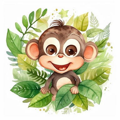 an happy and cute, with kawai style eyes, single monkey cartoon, clipart. The image should have a modern and elegant design style, illustration for kid's book like, watercolor painting combining organic shapes and fluid lines, but with exaggerated and comical features that emphasize the monkey's size and strength. Incorporate an jungle feel with plants and trees to give the image an jungle vibe and showcase the monkey's natural habitat