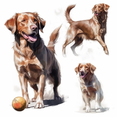 create clipart featuring ultra realistic and playful dog, oil paint on white background engaged in various activities, such as playing, sleeping, eating, jumping