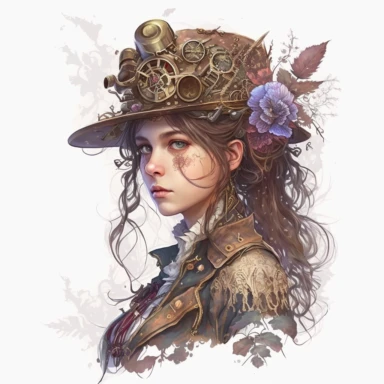 less watercolor floral steampunk cibi girl clipart, looking straight ahead, white backgorund, A sharp photograph of an expensive, portrait of cute steampunk girl clip art., 8k