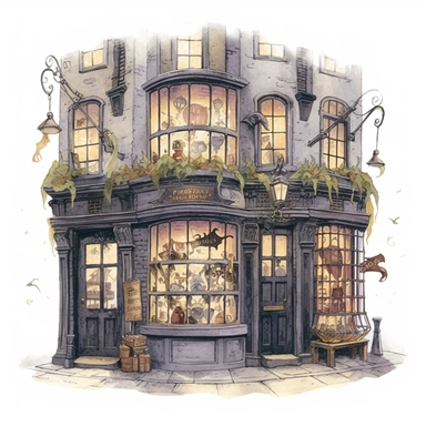 a spooky magic shop decorated for Halloween , diagon alley from Harry Potter inspired, magical, Gouache, white background with margins, Clipart style