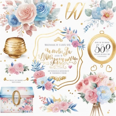 watercolor marriage anniversary clipart collection, white background, white, pink, blue and gold illustrations