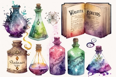 isolated watercolor clipart images of wizards spellbooks and potions on white background, vibrant hue spellbooks with aged parchment pages, bejeweled covers, intricate rune inscriptions, potions in mismatched glass bottles glowing with mysterious luminescence, a variety of concoctions ranging from swirling nebulas to sparkling glitter-filled liquids, white background like untouched canvas offering stark contrast, neutral setting bereft of any distraction, amplifies the vivid colors and fascinati