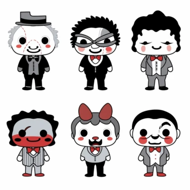 /imaginea set of black line clipart inspired by killer clowns income inequality and The Purge and Lego and Funko Pop toys