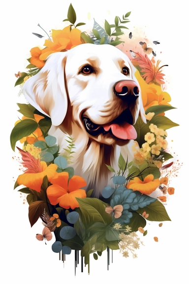 white background, dog, 3d, super closeup, sticker, photorealistic, artwork of t shirt graphic of majestic forest, in digital painting style , beautiful flowers, sunset mountains and clouds , big vines, plants sorround, highly detailed clean, vector image, photorealistic masterpiece, professional photography, realistic, flat white background, isometric, vibrant vector, clipart, illustration, realism, 4k, , cinematic, front view, paradise, extremely white background