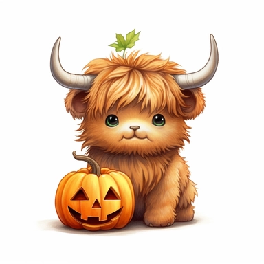 Painterly adorable cutie, baby highland cow wearing halloween costume with a jack o'lantern cartoon, full body, hyperealistic, kawaii, watercolor, clean white background by Clive Madgwick , style by Lucy Fleming, watercolor, smooth gradients, black contour outline, ultra detailed, clipart elements, delicate pastel colors, solid white background, super clear, high quality