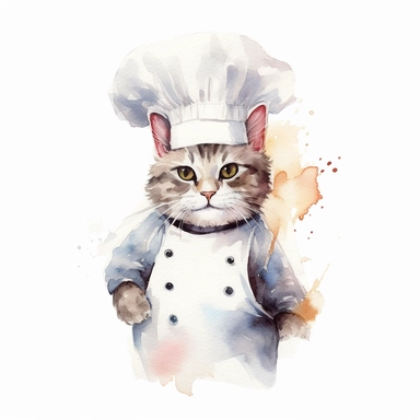 watercolor cat in chef outfit, white background, canvas, clip art