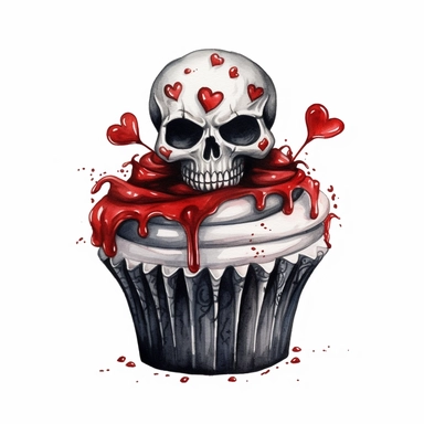 delicious halloween cupcake with queen of hearts, watercolour illustration clipart, extremely detailed, 4k, high quality, colour scheme black, red and white , , isolated on white background - <@1098423716465102849> (relaxed) - <@1098423716465102849> (rela