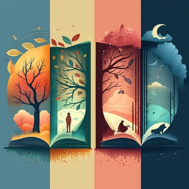 the four seasons, winter summer autumn spring, bright colors, fun, happy atmosphere, book art, book illustration, clipart,