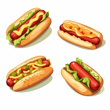 Set of four cartoon clipart of Hot Dog white background
