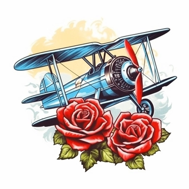 watercolor an illustration of an old biplane red roses, in the style of classic tattoo motifs, 32k uhd, canon ae-1, aquarellist, historical imagery, dansaekhwa, quadratura Clipart desert cartoon t-shirt graphic, vector,contour, isolated on a white background