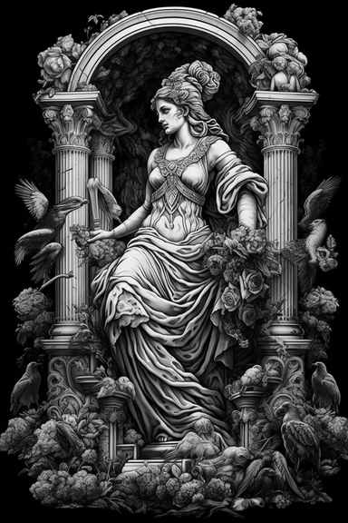 intricate black white clip Art line art with shading of a white marble statue of Batman with Greek columns a garden and scrolls, surrounded by beautiful big chest fit athletic women, gigantic crystals, skulls mysterious dark background, cut and paste style, hd, 48k,