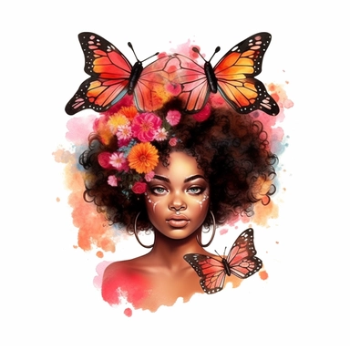 watercolor Afro Woman Juneteenth Day with butterfly half wreath drawing cliprart, illustration clipart, high detailed, white background, digital art