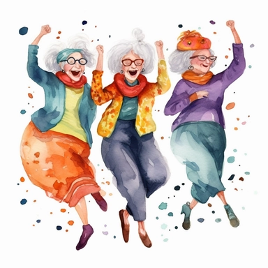 watercolor, clipart, cartoon style, funny old ladies dancing