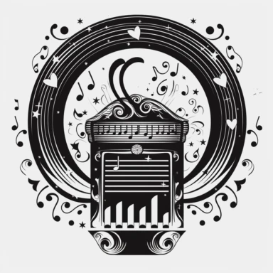 clipart with a beautiful jukebox and hearts in the centre. Beautiful, flat, classic style, black and white, round image border