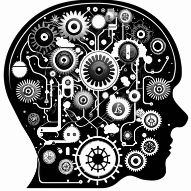 clipart of a brain full of machinery, machines, gears, gearwheels. Beautiful, flat, cute manga style, black and white, round image borders