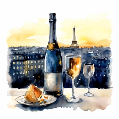 champagne bottle on table looking over paris at night watercolor clipart, white background