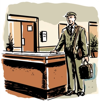 Clipart illustration of a man arriving at the front desk of a hotel to check in, he has a suitcase on the floor next to him