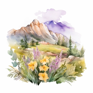watercolor of a gorgeous spring mountain in shades of soft pastel pink, fresh green, sunny yellow, and delicate lavender, png clipart, on white background