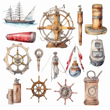 watercolor nautical docking equipment , illustrations clipart set, simple, , cartoon elements ,different variants , brass elements, , separate elements with a margin, ,4k, high resolution