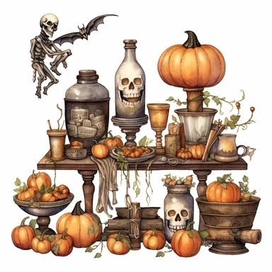 simple, vintage Halloween party decor, clipart style, color pencil technique, super high quaility, high resolution on a white